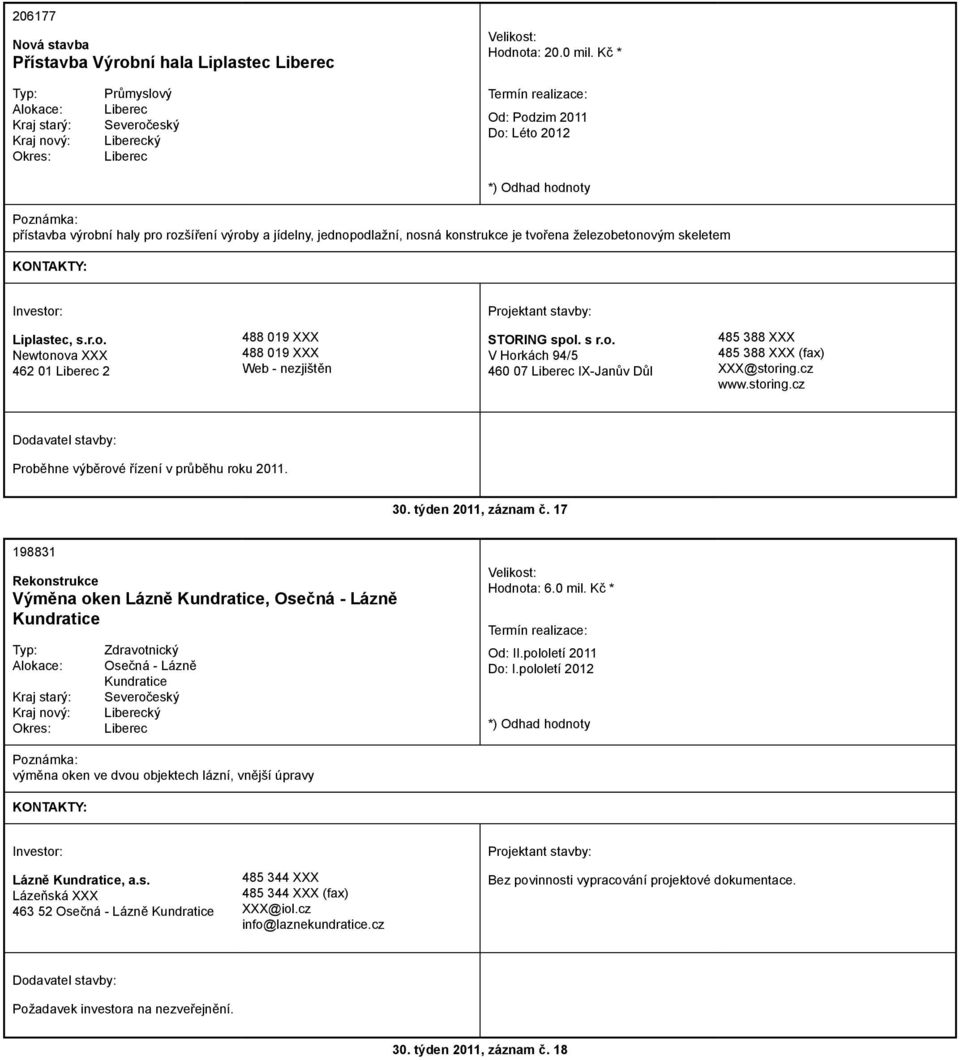 s r.o. V Horkách 94/5 460 07 IX-Janův Důl 485 388 485 388 (fax) @storing.cz www.storing.cz Proběhne výběrové řízení v průběhu roku 2011. 30. týden 2011, záznam č.