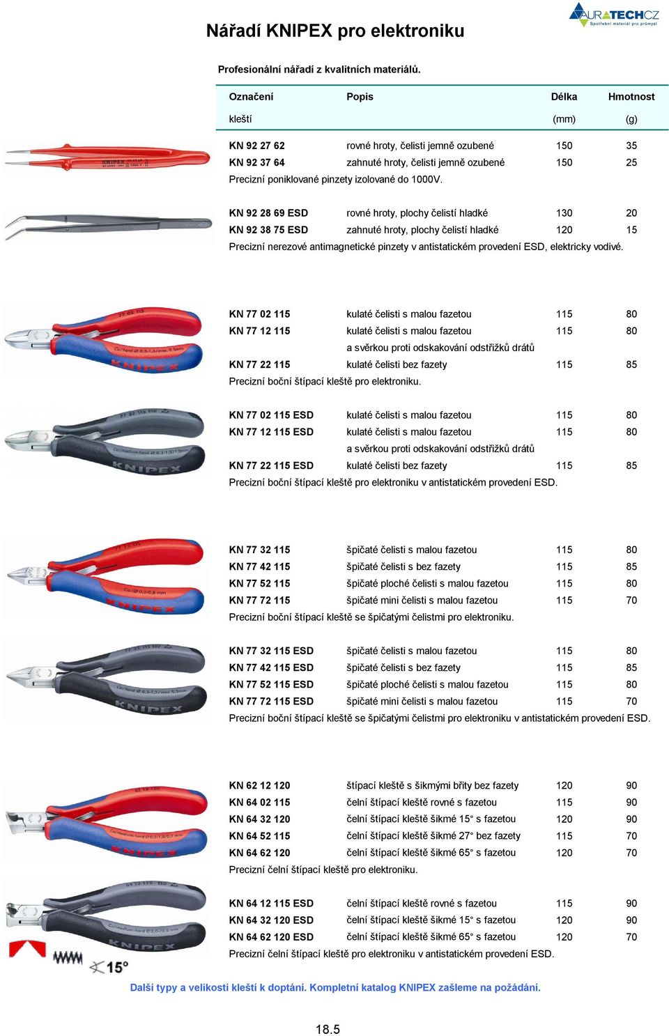 KN 92 28 69 ESD rovné hroty, plochy elistí hladké 130 20 KN 92 38 75 ESD zahnuté hroty, plochy elistí hladké 120 15 Precizní nerezové antimagnetické pinzety v antistatickém provedení ESD, elektricky