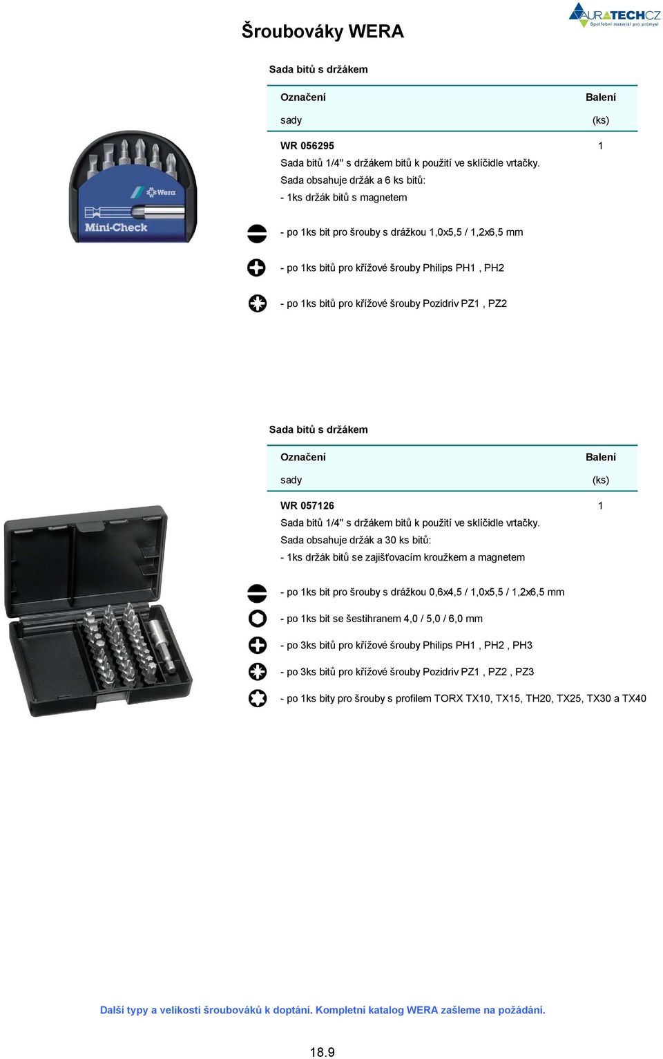 Pozidriv PZ1, PZ2 Sada bit s držákem Ozna ení sady Balení (ks) WR 057126 1 Sada bit 1/4" s držákem bit k použití ve sklí idle vrta ky.