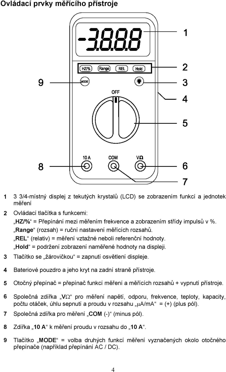 3 Tlačítko se žárovičkou = zapnutí osvětlení displeje. 4 Bateriové pouzdro a jeho kryt na zadní straně přístroje. 5 Otočný přepínač = přepínač funkcí měření a měřících rozsahů + vypnutí přístroje.