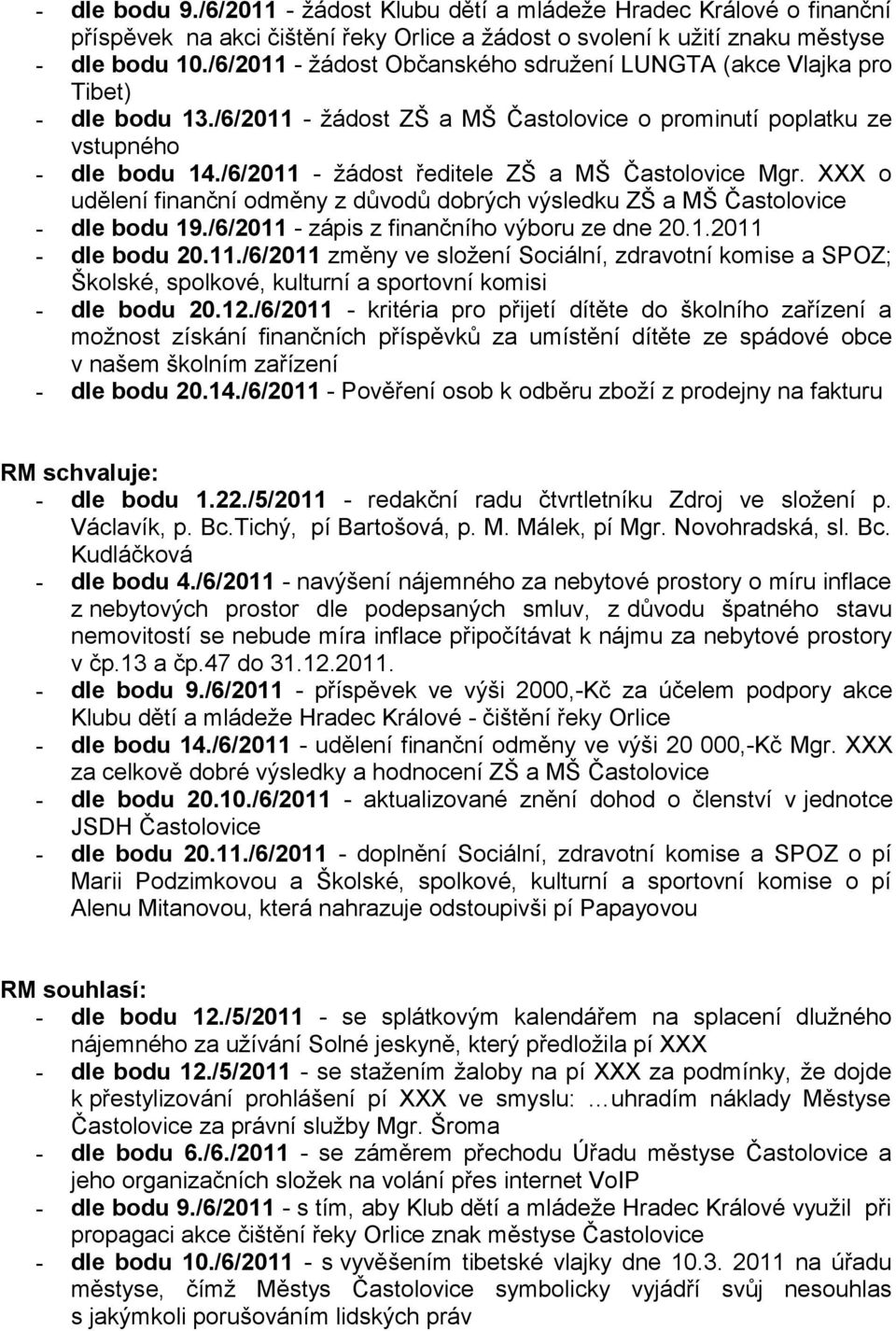 /6/2011 - žádost ředitele ZŠ a MŠ Častolovice Mgr. XXX o udělení finanční odměny z důvodů dobrých výsledku ZŠ a MŠ Častolovice - dle bodu 19./6/2011 - zápis z finančního výboru ze dne 20.1.2011 - dle bodu 20.