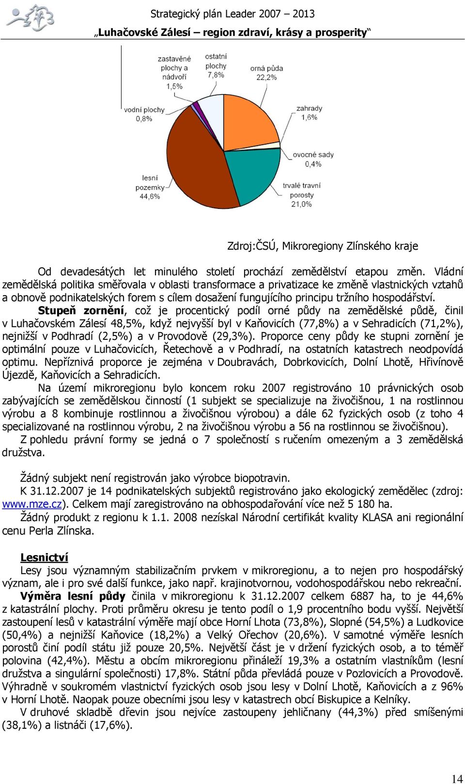 Stupeň zornění, což je procentický podíl orné půdy na zemědělské půdě, činil v Luhačovském Zálesí 48,5%, když nejvyšší byl v Kaňovicích (77,8%) a v Sehradicích (71,2%), nejnižší v Podhradí (2,5%) a v