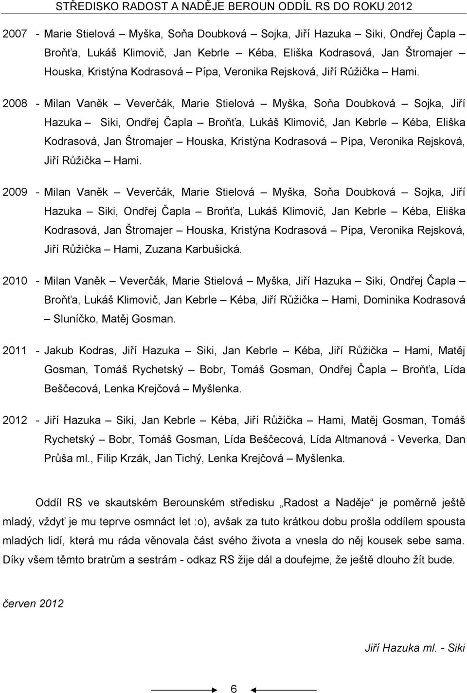 2008 - Milan Vaněk Veverčák, Marie Stielová Myška, Soňa Doubková Sojka, Jiří Hazuka Siki, Ondřej Čapla Broňťa, Lukáš Klimovič, Jan Kebrle Kéba, Eliška Kodrasová, Jan  2009 - Milan Vaněk Veverčák,