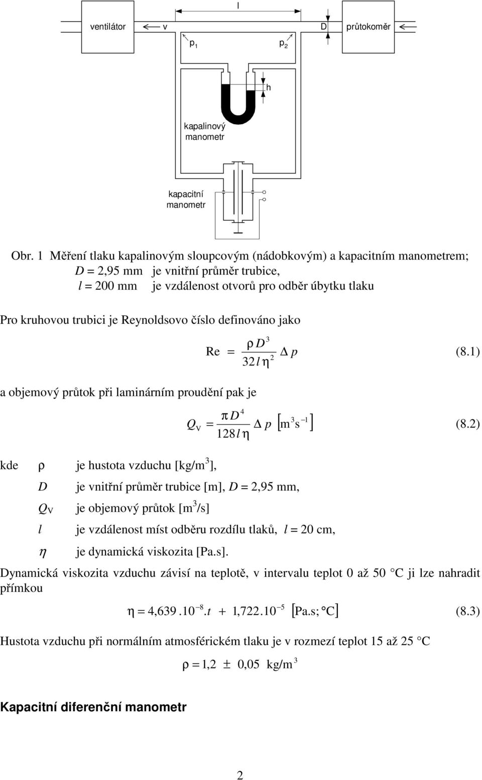 Reynoldsovo číslo definováno jako a objemový průtok při laminárním proudění pak je kde ρ je hustota vzduchu [kg/m ], D Q V l ρ D Re = p (8.1) 2 2l 1 [ m s ] 4 π D Q V = p (8.