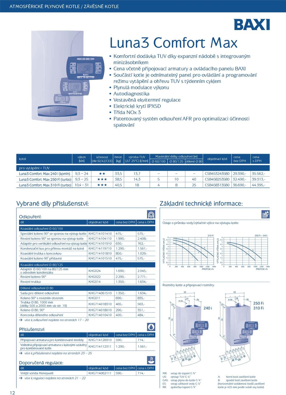 3 Patentovaný systém odkou ení AFR pro optimalizaci ú innosti spalování ú innost (dle 92/42/CEE) výroba TUV ( T 25 C) [l/min] Ø 6/1 Ø 8/125 d lené Ø 8 Luna3 Comfort Max 24 i (komín) 9,3 24 33,5 13,7