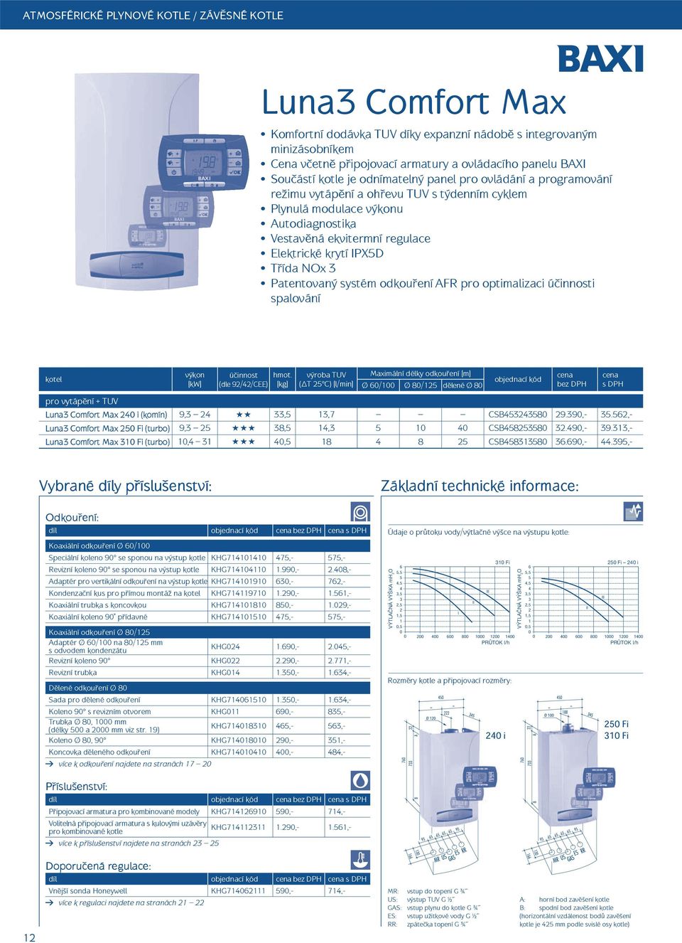 3 Patentovaný systém odkou ení AFR pro optimalizaci ú innosti spalování ú innost (dle 92/42/CEE) výroba TUV ( T 25 C) [l/min] Ø 6/1 Ø 8/125 d lené Ø 8 Luna3 Comfort Max 24 i (komín) 9,3 24 33,5 13,7