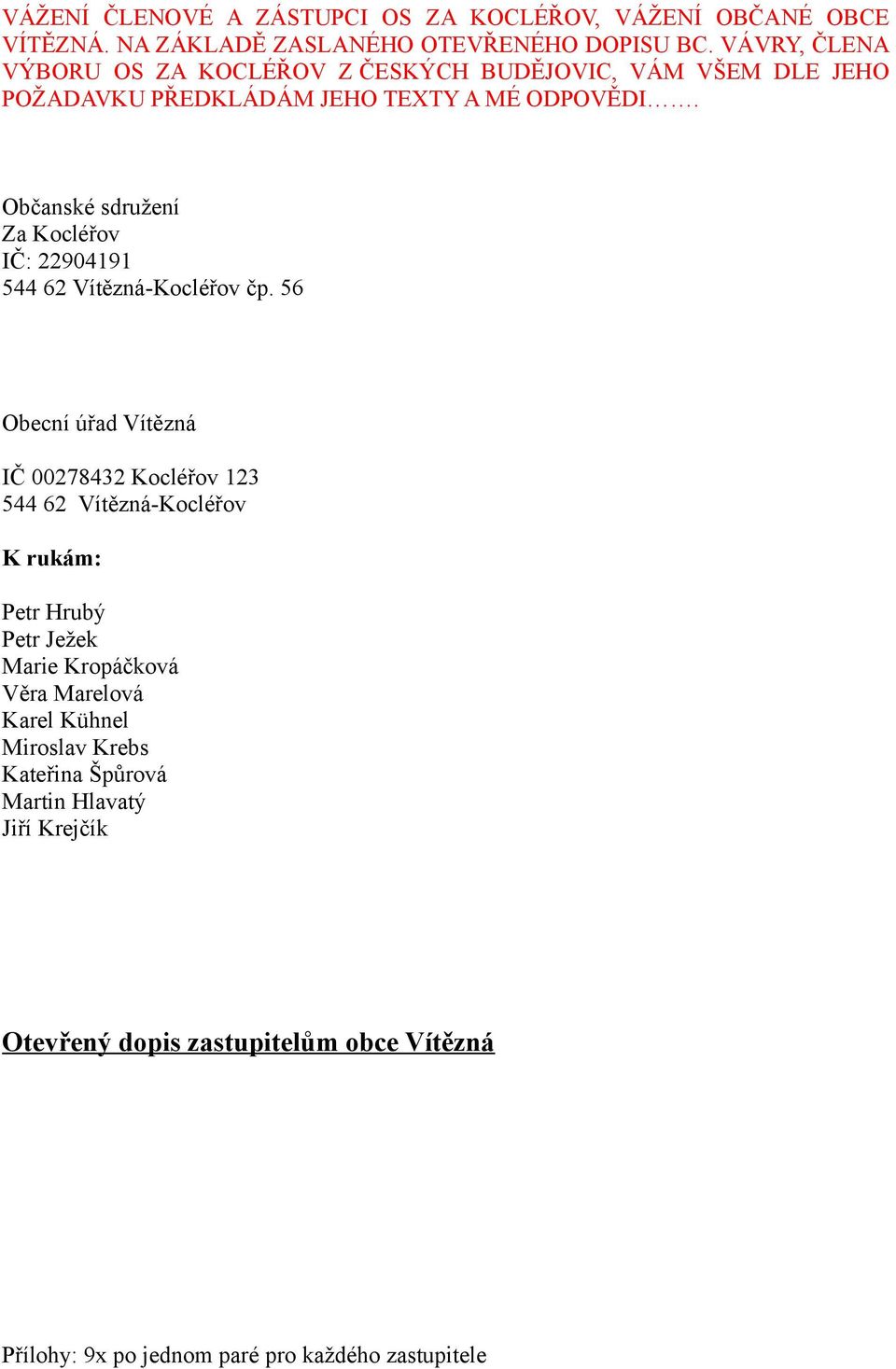 Občanské sdružení Za Kocléřov IČ: 22904191 544 62 Vítězná-Kocléřov čp.