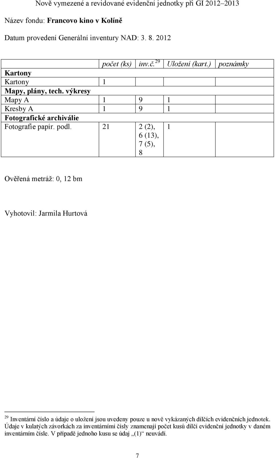 21 2 (2), 6 (13), 7 (5), 8 1 Ověřená metráž: 0, 12 bm Vyhotovil: Jarmila Hurtová 29 Inventární číslo a údaje o uložení jsou uvedeny pouze u nově vykázaných dílčích