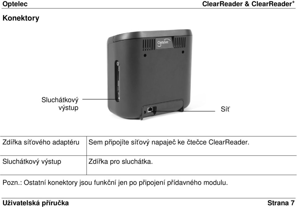 ClearReader. Zdířka pro sluchátka. Pozn.