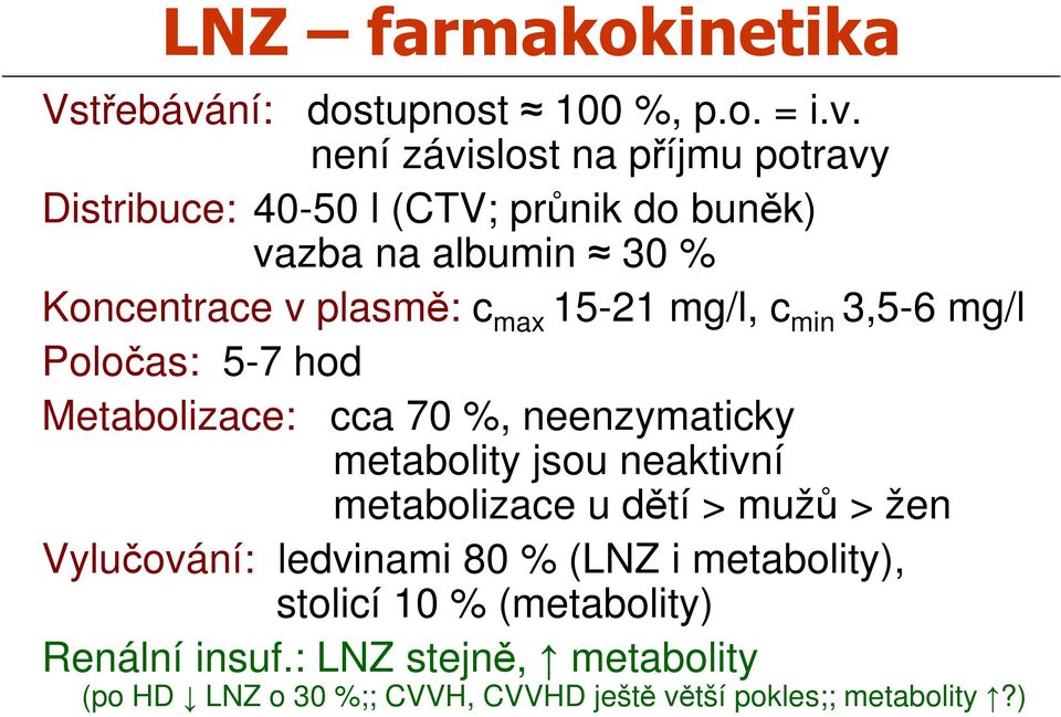 není závislost na příjmu potravy Distribuce: 40-50 l (CTV; průnik do buněk) vazba na albumin 30 % Koncentrace v plasmě: c max