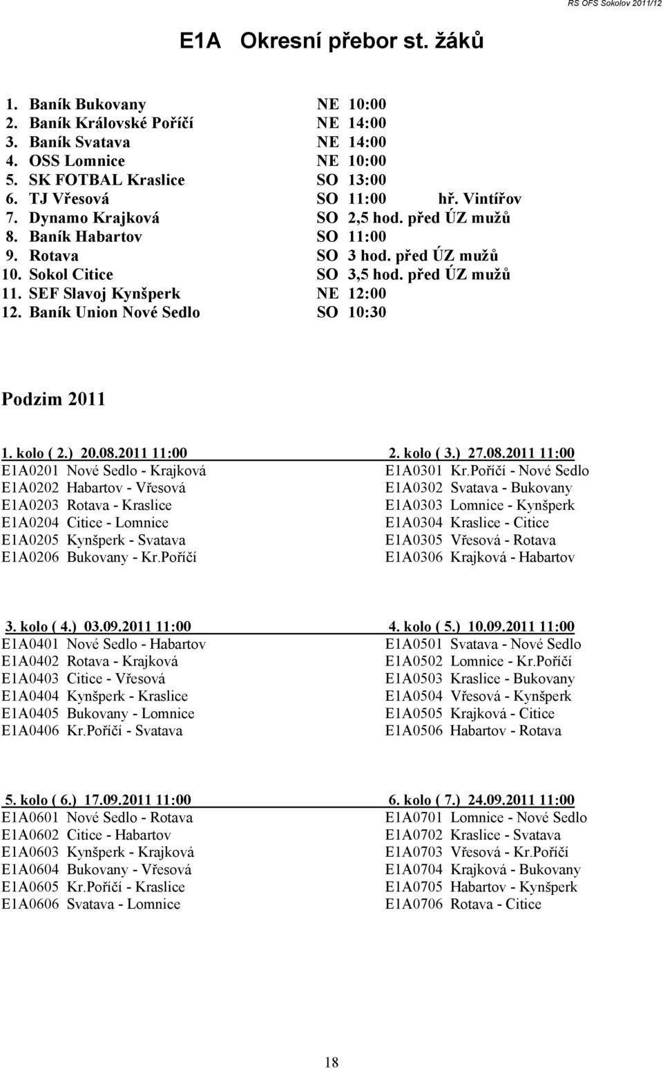 Baník Union Nové Sedlo SO 10:30 Podzim 2011 1. kolo ( 2.) 20.08.2011 11:00 2. kolo ( 3.) 27.08.2011 11:00 E1A0201 Nové Sedlo - Krajková E1A0301 Kr.