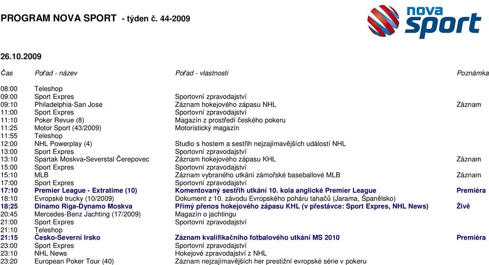 Powerplay (4) Studio s hostem a sestřih nejzajímavějších událostí NHL 13:10 Spartak Moskva-Severstal Čerepovec Záznam hokejového zápasu KHL Záznam 15:00 Sport Expres Sportovní zpravodajství 15:10 MLB