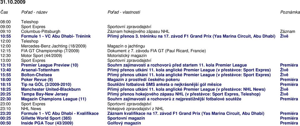 závodu FIA GT (Paul Ricard, Francie) 12:30 Motor Sport (44/2009) Motoristický magazín 13:10 Premier League Preview (10) Souhrn zajímavostí a rozhovorů před startem 11.