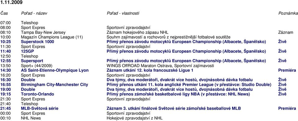 přenos závodu motocyklů European Championship (Albacete, Španělsko) Živě 12:50 Teleshop 12:55 Supersport Přímý přenos závodu motocyklů European Championship (Albacete, Španělsko) Živě 13:50 Sport+