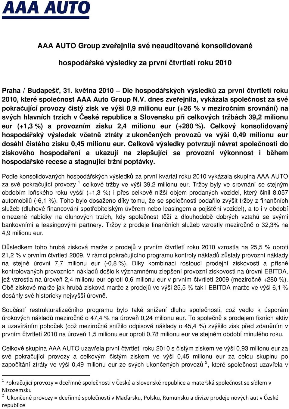 dnes zveřejnila, vykázala splečnst za své pkračující prvzy čistý zisk ve výši 0,9 milinu eur (+26 % v mezirčním srvnání) na svých hlavních trzích v České republice a Slvensku při celkvých tržbách