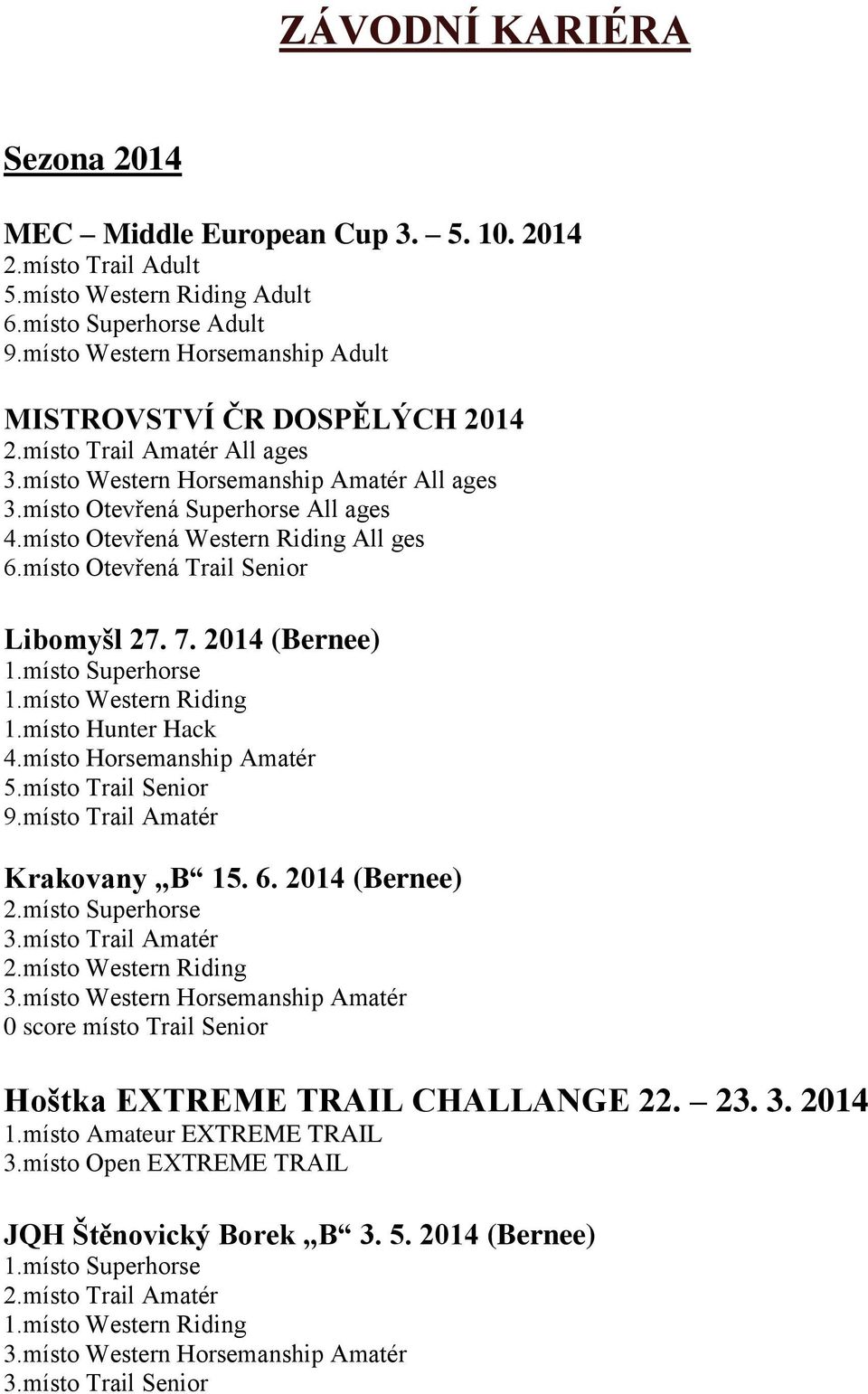 místo Otevřená Western Riding All ges 6.místo Otevřená Trail Senior Libomyšl 27. 7. 2014 (Bernee) 1.místo Western Riding 1.místo Hunter Hack 4.místo Horsemanship Amatér 5.místo Trail Senior 9.