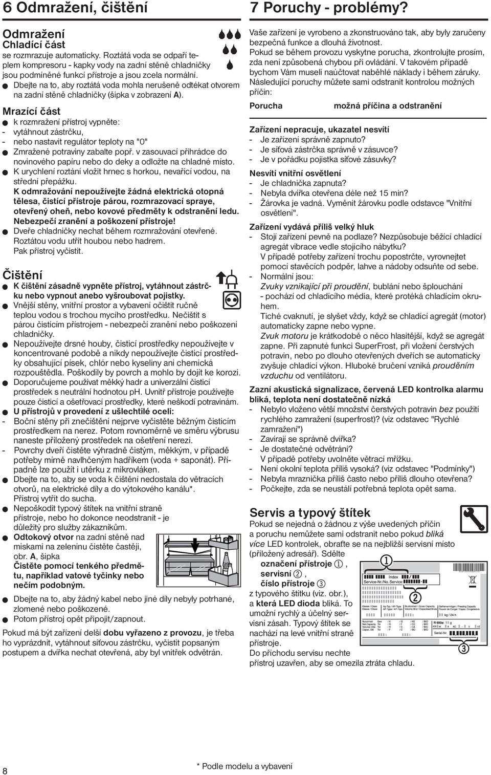 W Dbejte na to, aby roztátá voda mohla nerušeně odtékat otvorem na zadní stěně chladničky (šipka v zobrazení A).