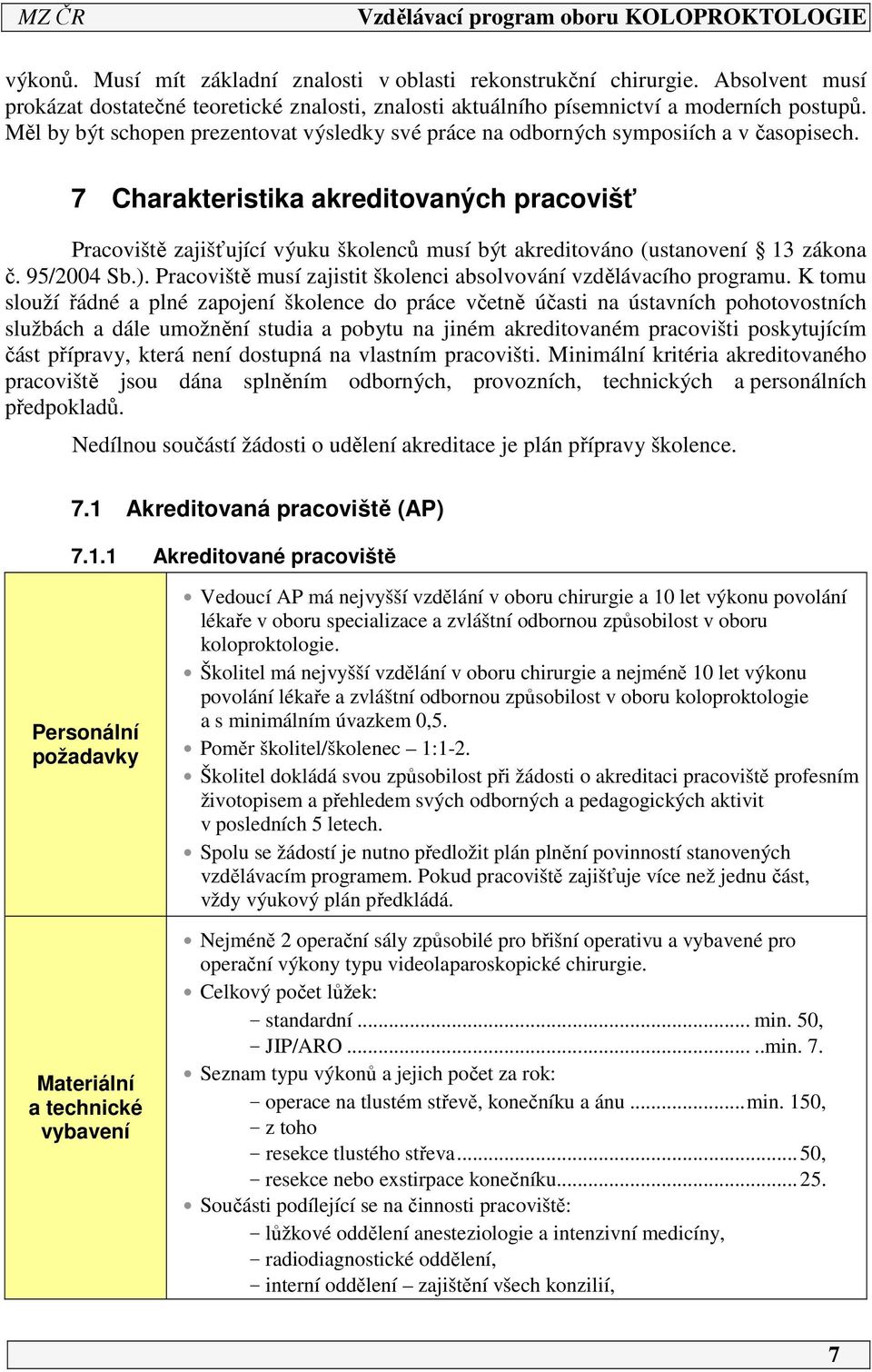 7 Charakteristika akreditovaných pracovišť Pracoviště zajišťující výuku školenců musí být akreditováno (ustanovení 3 zákona č. 95/2004 Sb.).