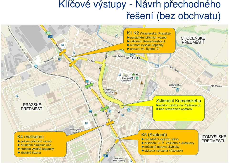 bez stavebních opatření K4 (Velikého) pokles příčných vazeb zklidnění okolních ulic nutnost vysoké kapacity zůstává