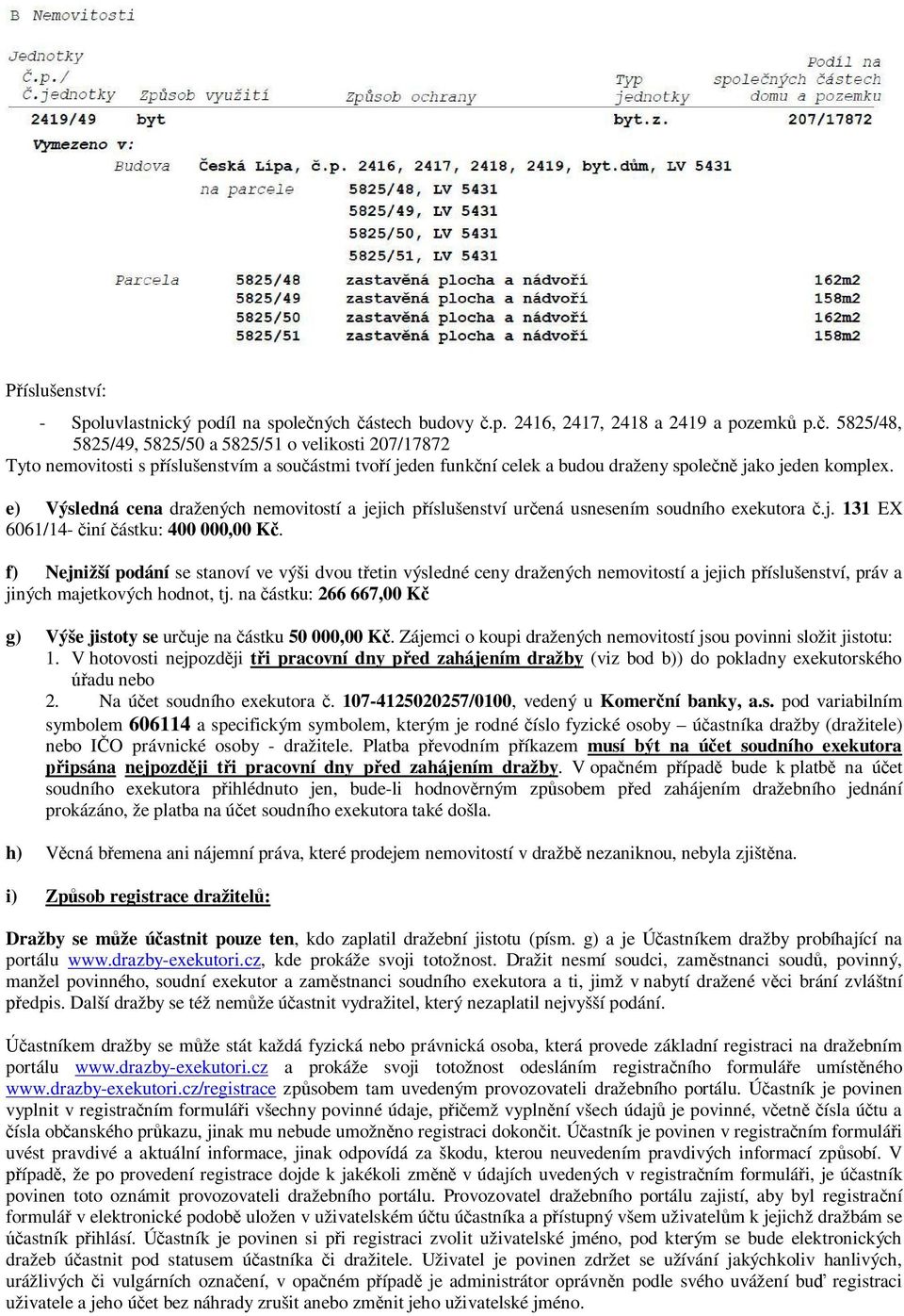 e) Výsledná cena dražených nemovitostí a jejich příslušenství určená usnesením soudního exekutora č.j. 131 EX 6061/14- činí částku: 400 000,00 Kč.