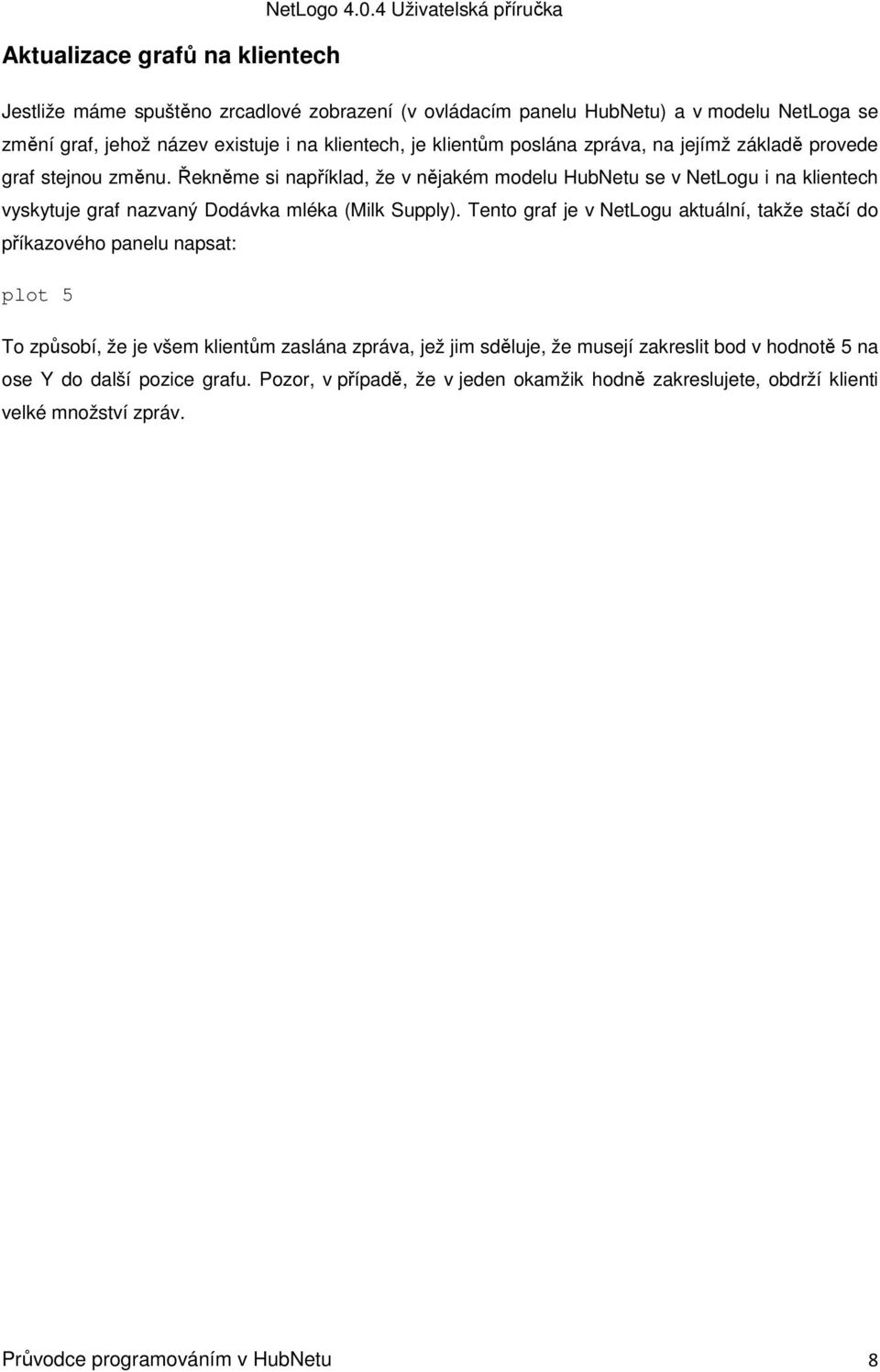 zpráva, na jejímž základě provede graf stejnou změnu. Řekněme si například, že v nějakém modelu HubNetu se v NetLogu i na klientech vyskytuje graf nazvaný Dodávka mléka (Milk Supply).