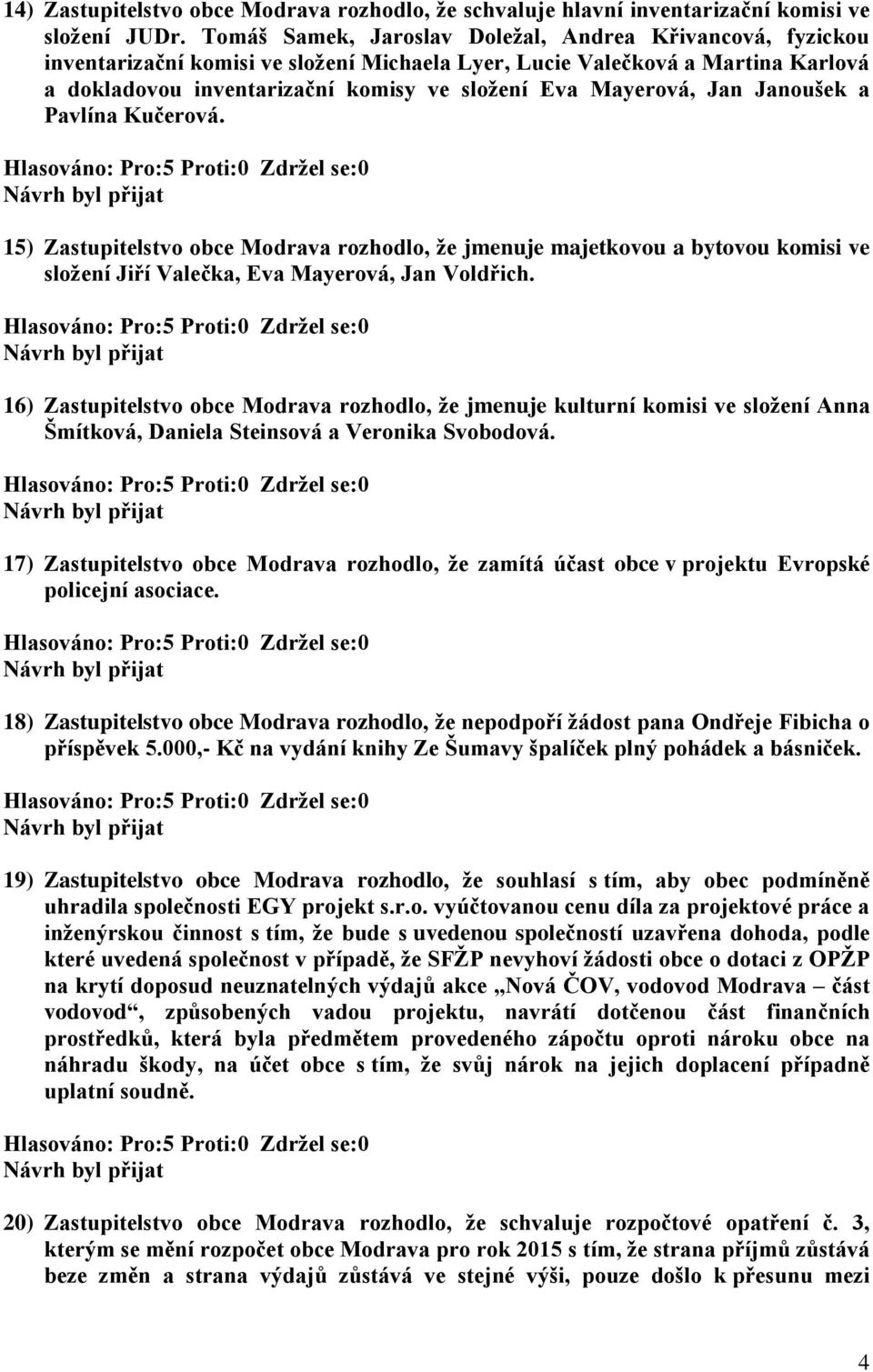 Mayerová, Jan Janoušek a Pavlína Kučerová. 15) Zastupitelstvo obce Modrava rozhodlo, že jmenuje majetkovou a bytovou komisi ve složení Jiří Valečka, Eva Mayerová, Jan Voldřich.