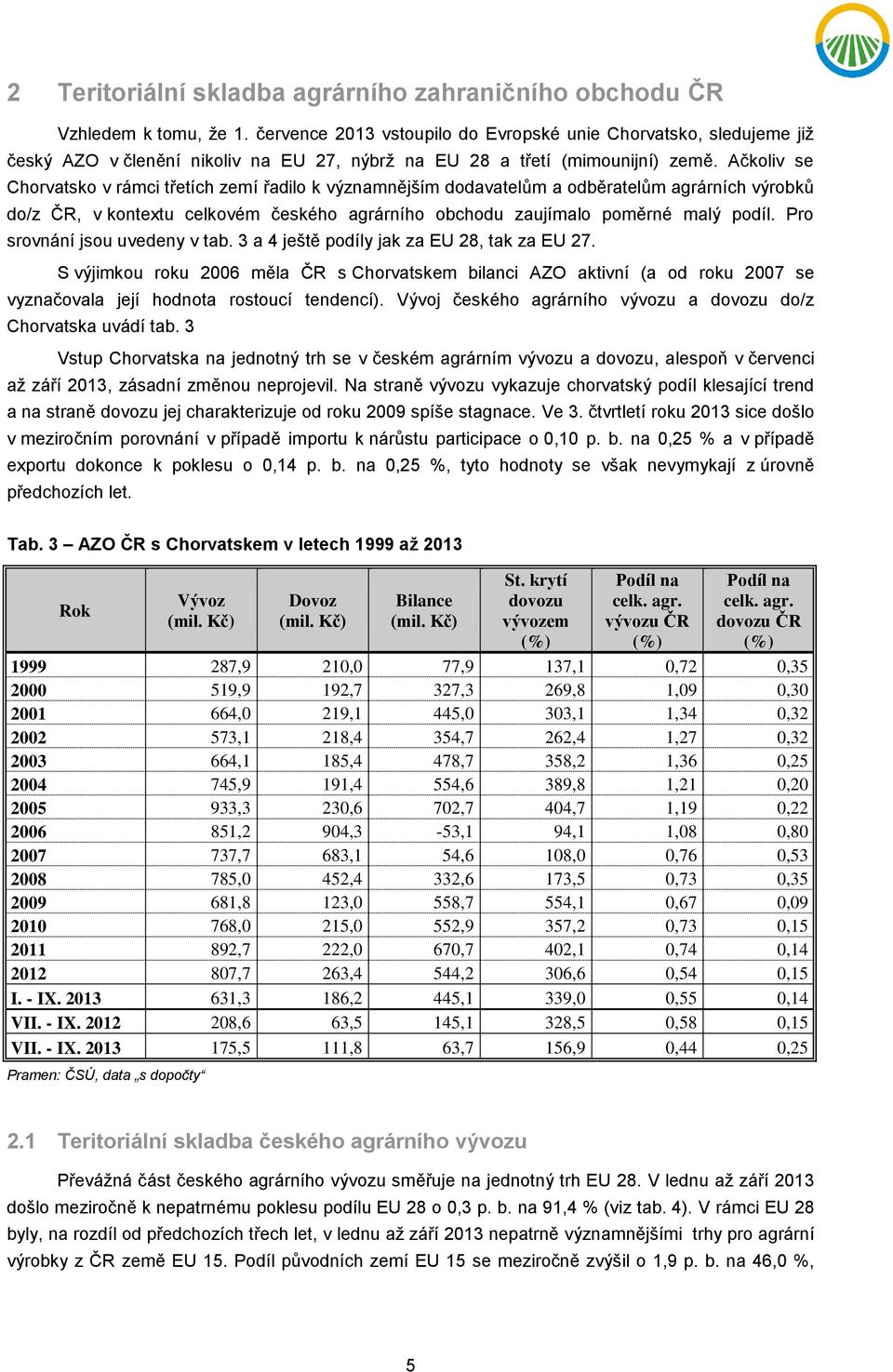 Ačkoliv se Chorvatsko v rámci třetích zemí řadilo k významnějším dodavatelům a odběratelům agrárních výrobků do/z ČR, v kontextu celkovém českého agrárního obchodu zaujímalo poměrné malý podíl.