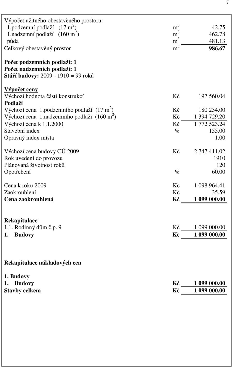 podzemního podlaží (17 m 2 ) Kč 180 234.00 Výchozí cena 1.nadzemního podlaží (160 m 2 ) Kč 1 394 729.20 Výchozí cena k 1.1.2000 Kč 1 772 523.24 Stavební index % 155.00 Opravný index místa 1.