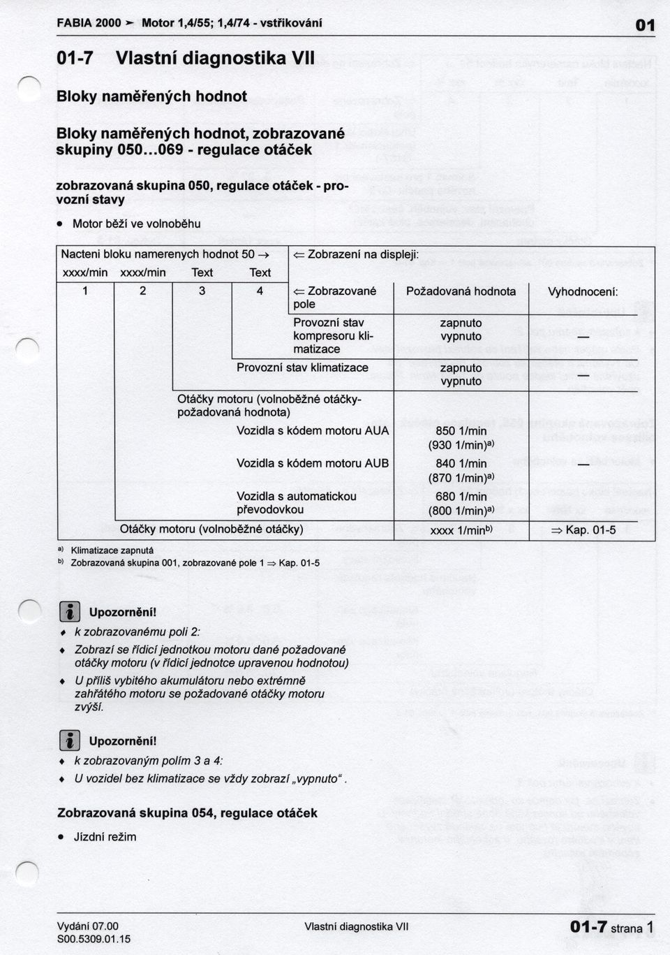 Motorbežíve volnobehu n Nacteni bloku namerenych hodnot 50 xxxx/min xxxx/min Text Text Zobrazení na displeji: Provozní stav zapnuto kompresoru klimatizace vypnuto Provozní stav klimatizace zapnuto