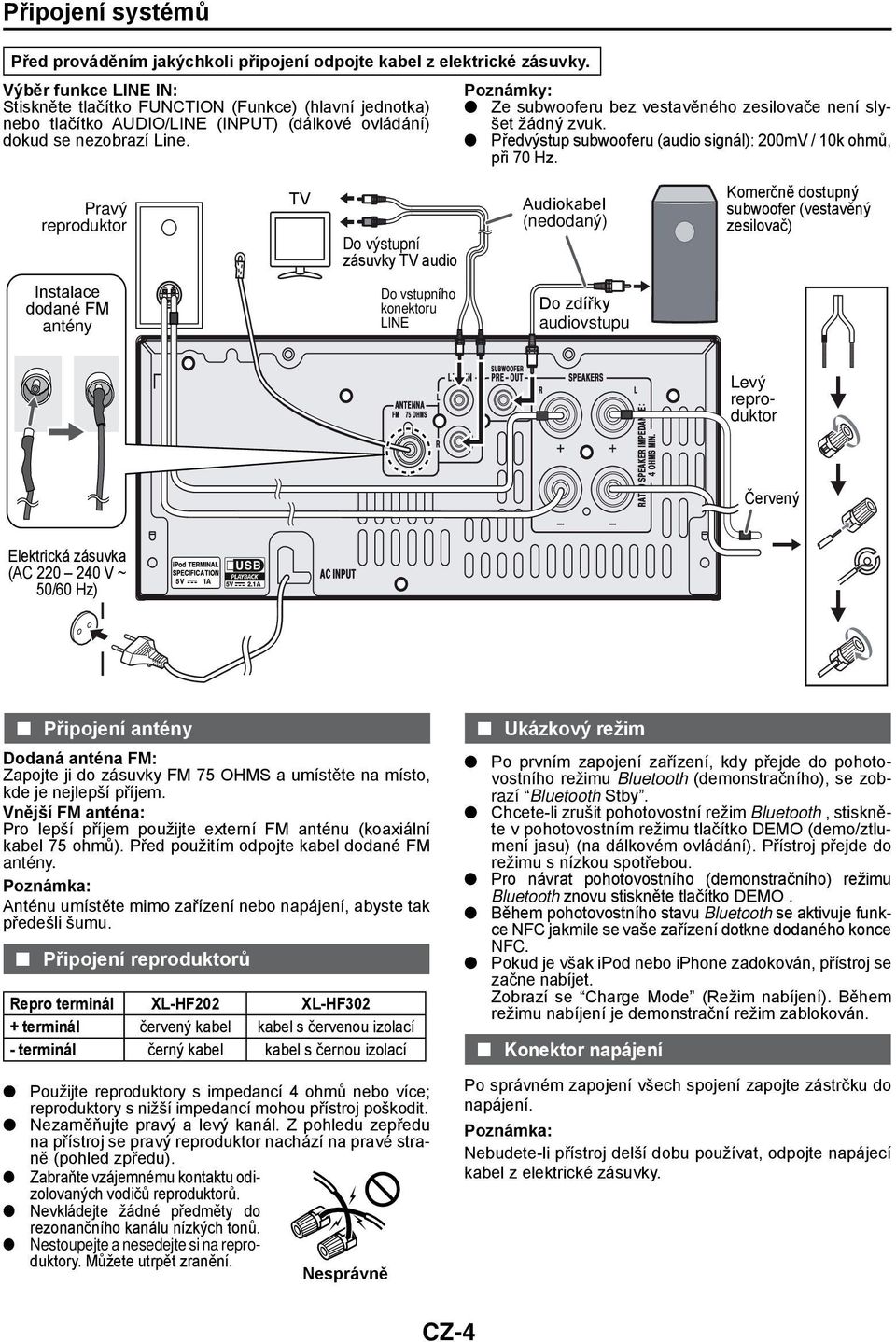 dokud se nezobrazí Line. Předvýstup subwooferu (audio signál): 200mV / 10k ohmů, při 70 Hz.