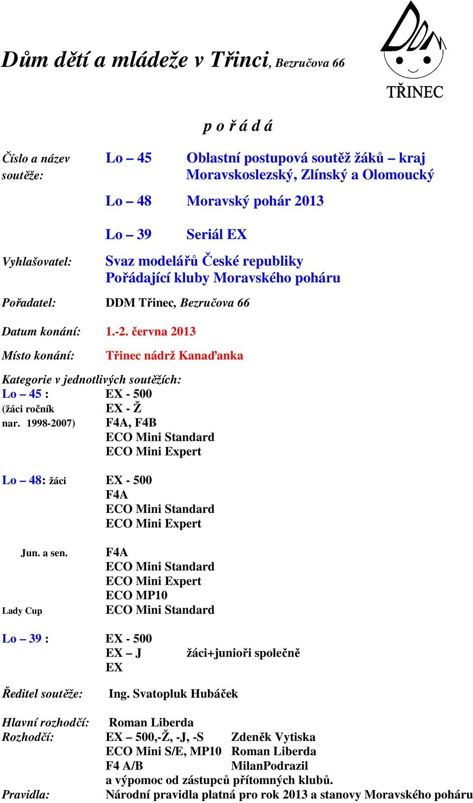 června 2013 Místo konání: Třinec nádrž Kanaďanka Kategorie v jednotlivých soutěžích: Lo 45 : EX - 500 (žáci ročník EX - Ž nar.