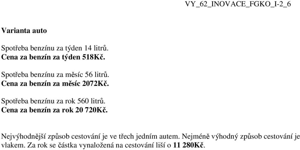 Spotřeba benzínu za rok 560 litrů. Cena za benzín za rok 20 720Kč.