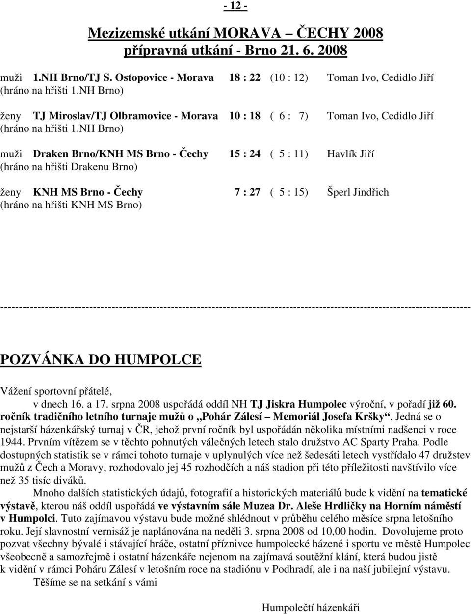 NH Brno) muži Draken Brno/KNH MS Brno - Čechy 15 : 24 ( 5 : 11) Havlík Jiří (hráno na hřišti Drakenu Brno) ženy KNH MS Brno - Čechy 7 : 27 ( 5 : 15) Šperl Jindřich (hráno na hřišti KNH MS Brno)