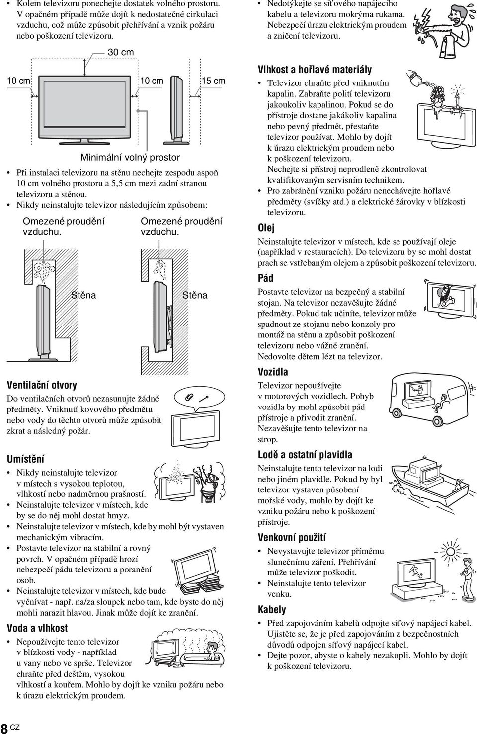 Nikdy neinstalujte televizor následujícím způsobem: Omezené proudění vzduchu. Minimální volný prostor Stěna Ventilační otvory Do ventilačních otvorů nezasunujte žádné předměty.