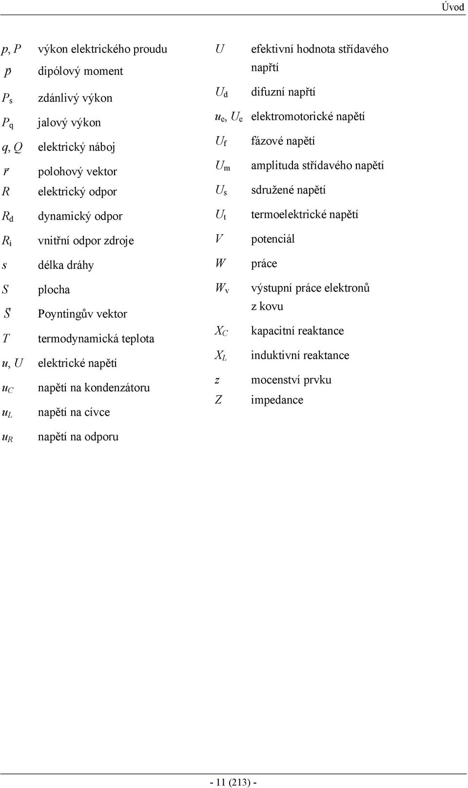 efektivní hodnota střídavého napřtí U d difuzní napřtí u e, U e elektomotoické napětí U f U m U s U t V W W v X C X L z Z fázové napětí amplituda střídavého napětí