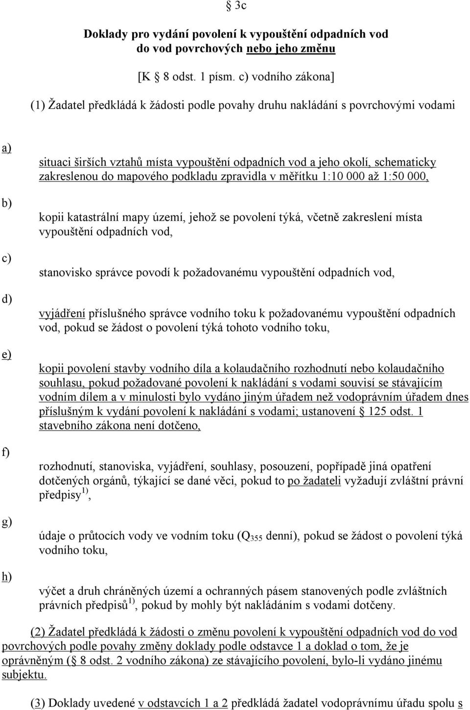 mapového podkladu zpravidla v měřítku 1:10 000 až 1:50 000, kopii katastrální mapy území, jehož se povolení týká, včetně zakreslení místa vypouštění odpadních vod, stanovisko správce povodí k