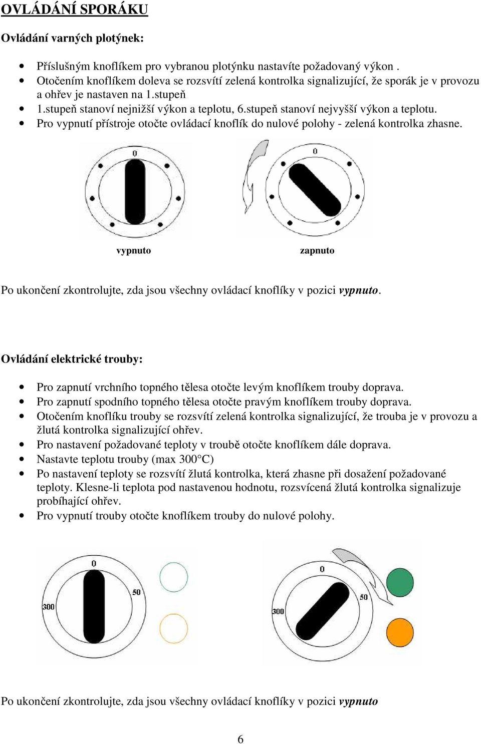 stupeň stanoví nejvyšší výkon a teplotu. Pro vypnutí přístroje otočte ovládací knoflík do nulové polohy - zelená kontrolka zhasne.