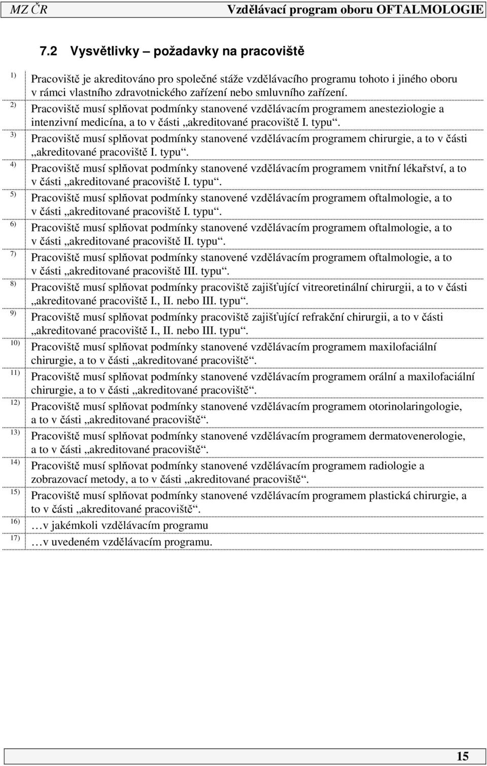 Pracoviště musí splňovat podmínky stanovené vzdělávacím programem anesteziologie a intenzivní medicína, a to v části akreditované pracoviště I. typu.