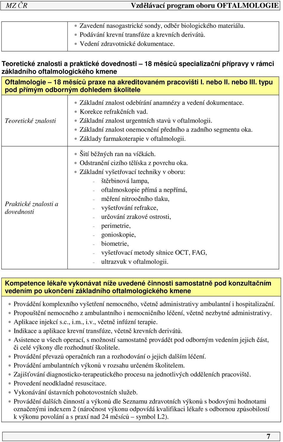 typu pod přímým odborným dohledem školitele Teoretické znalosti Praktické znalosti a dovednosti Základní znalost odebírání anamnézy a vedení dokumentace. Korekce refrakčních vad.