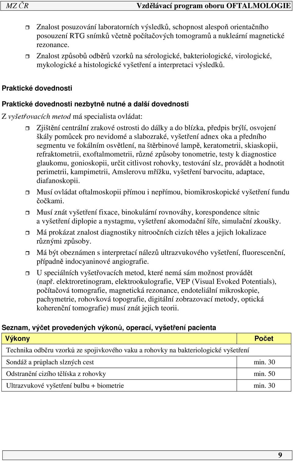 Praktické dovednosti Praktické dovednosti nezbytně nutné a další dovednosti Z vyšetřovacích metod má specialista ovládat: Zjištění centrální zrakové ostrosti do dálky a do blízka, předpis brýlí,