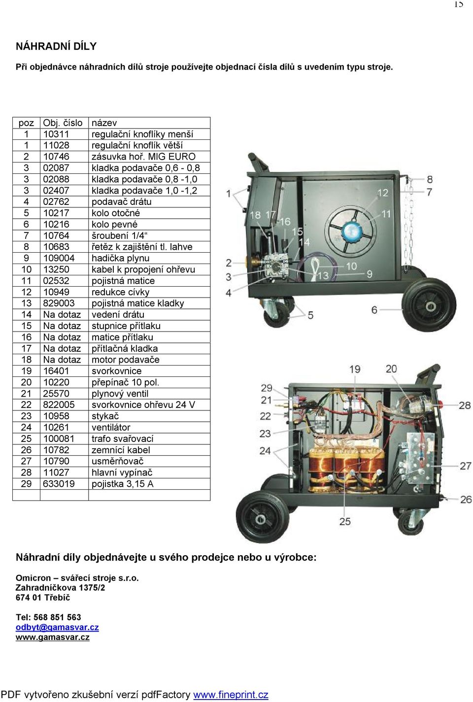 MIG EURO 3 02087 kladka podavače 0,6-0,8 3 02088 kladka podavače 0,8-1,0 3 02407 kladka podavače 1,0-1,2 4 02762 podavač drátu 5 10217 kolo otočné 6 10216 kolo pevné 7 10764 šroubení 1/4 8 10683