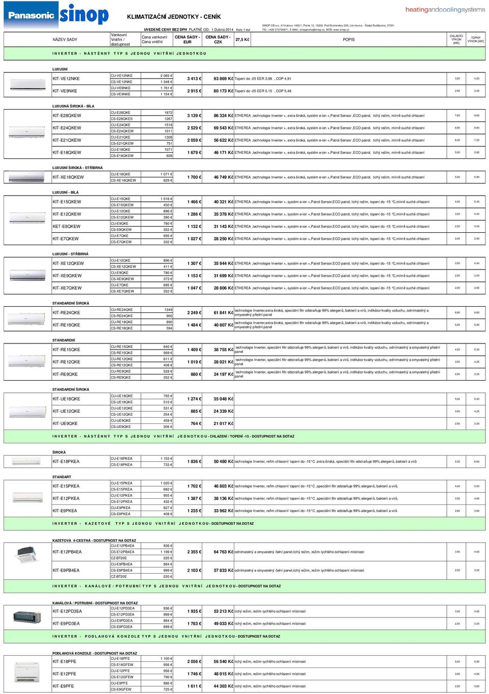 CS-VE12NKE 1 348 CU-VE9NKE 1 761 CS-VE9NKE 1 14 3 413 93 869 Kč Topení do -2 EER 3,98, COP 4,91 2 91 80 173 Kč Topení do -2 EER,1, COP,48 LUXUSNÁ ŠIROKÁ - BÍLA KIT-E28QKEW KIT-E24QKEW KIT-E21QKEW