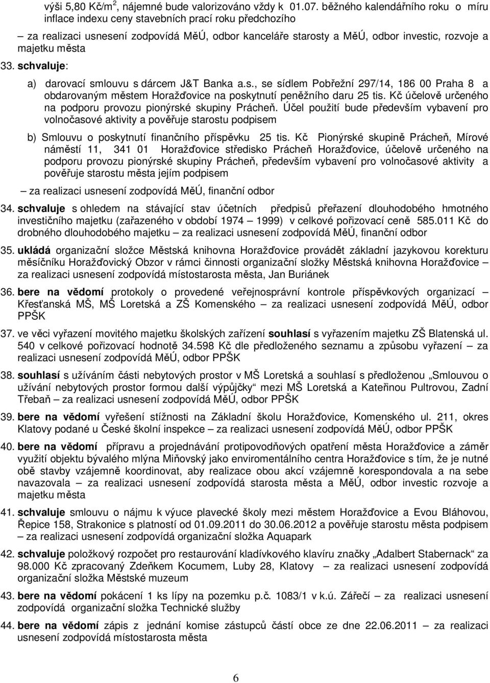 schvaluje: a) darovací smlouvu s dárcem J&T Banka a.s., se sídlem Pobřežní 297/14, 186 00 Praha 8 a obdarovaným městem Horažďovice na poskytnutí peněžního daru 25 tis.