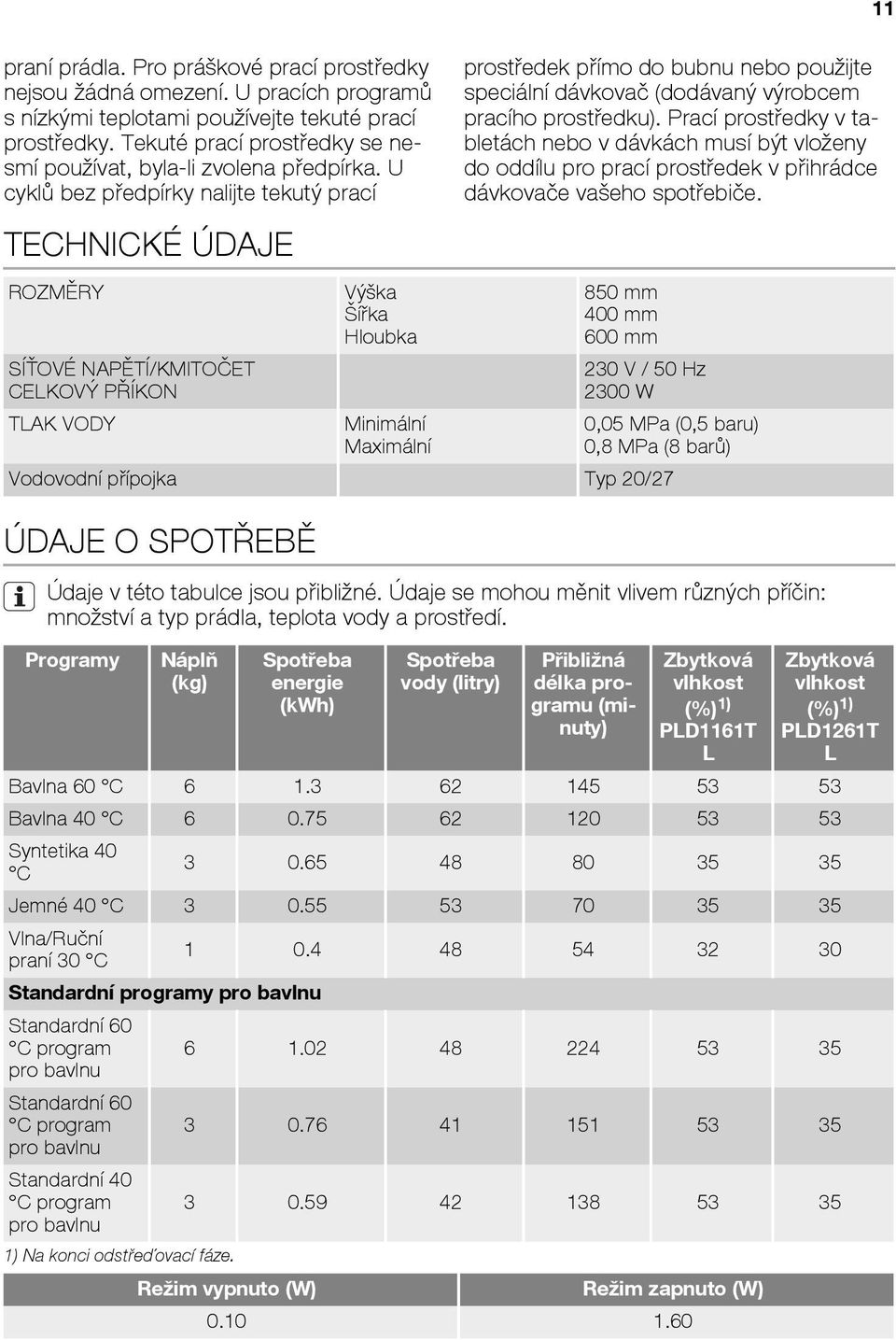 U cyklù bez pøedpírky nalijte tekutı prací TECHNICKÉ ÚDAJE ROZMÌRY SÍ OVÉ NAPÌTÍ/KMITOÈET CELKOVİ PØÍKON TLAK VODY Vı ka íøka Hloubka Minimální Maximální prostøedek pøímo do bubnu nebo pou ijte