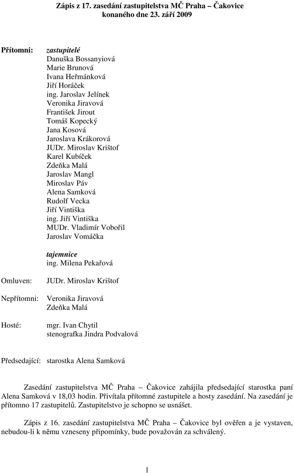 Miroslav Krištof Karel Kubíček Zdeňka Malá Jaroslav Mangl Miroslav Páv Alena Samková Rudolf Vecka Jiří Vintiška ing. Jiří Vintiška MUDr. Vladimír Vobořil Jaroslav Vomáčka tajemnice ing.