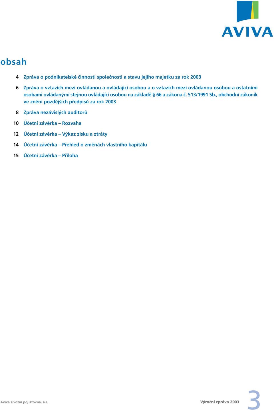 , obchodní zákoník ve znění pozdějších předpisů za rok 2003 8 Zpráva nezávislých auditorů 10 Účetní závěrka Rozvaha 12 Účetní závěrka Výkaz