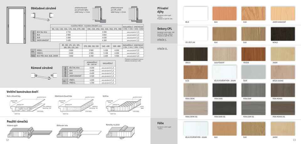 9016 2 710 3 390 cena zárubně x 1,3 BUK 2 990 3 810 cena zárubně x 1,3 DUB 3 260 4 030 cena zárubně x 1,3 JAVOR KANADSKÝ 3 490 4 360 cena zárubně x 1,3 80, 100, 125, 145, 165, DVOUKŘÍDLÉ, SYMETRICKÉ