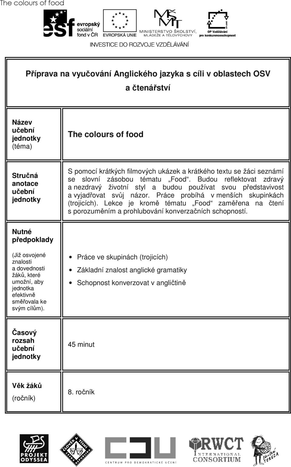 Práce probíhá v menších skupinkách (trojicích). Lekce je kromě tématu Food zaměřena na čtení s porozuměním a prohlubování konverzačních schopností.