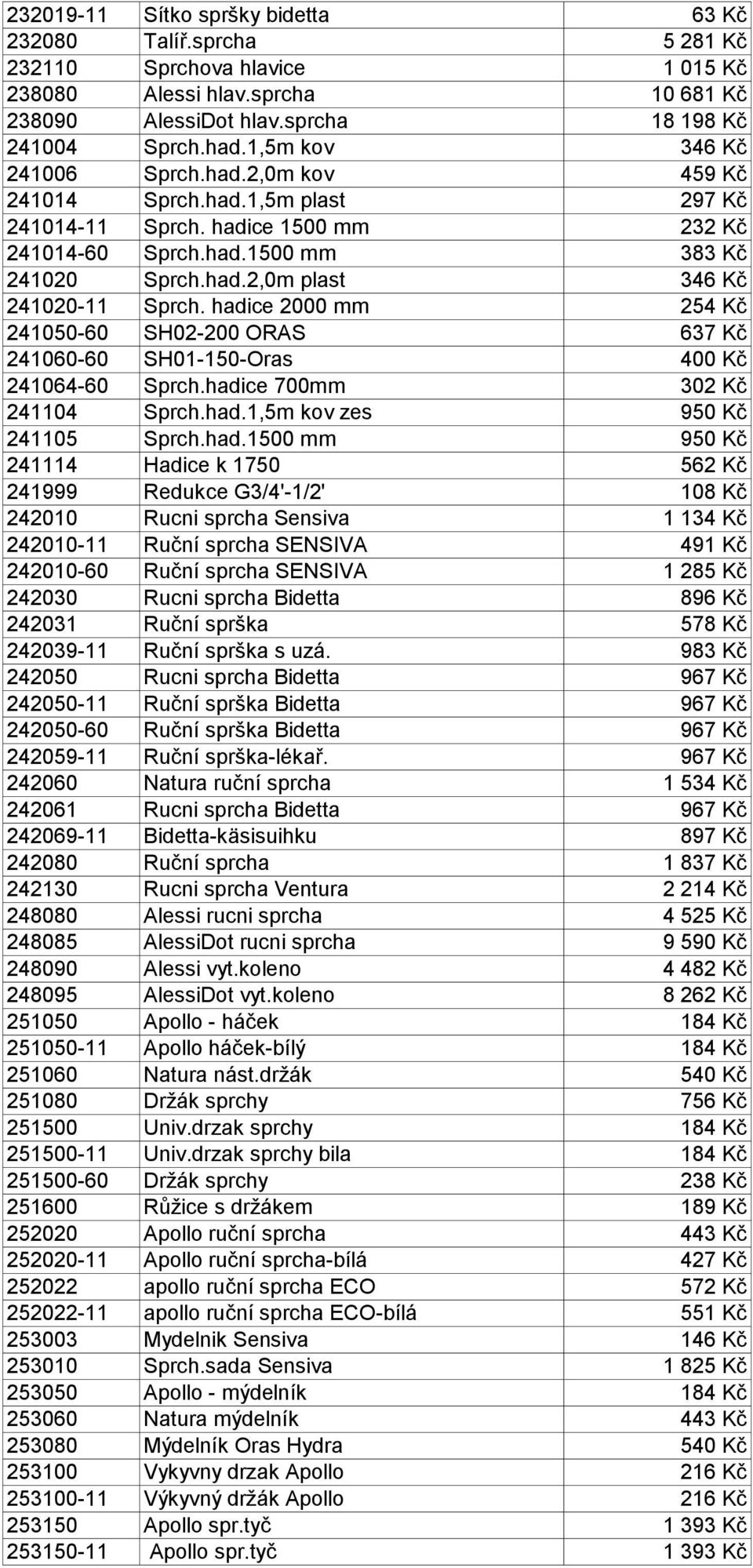 hadice 2000 mm 254 Kč 241050-60 SH02-200 ORAS 637 Kč 241060-60 SH01-150-Oras 400 Kč 241064-60 Sprch.hadice 700mm 302 Kč 241104 Sprch.had.1,5m kov zes 950 Kč 241105 Sprch.had.1500 mm 950 Kč 241114