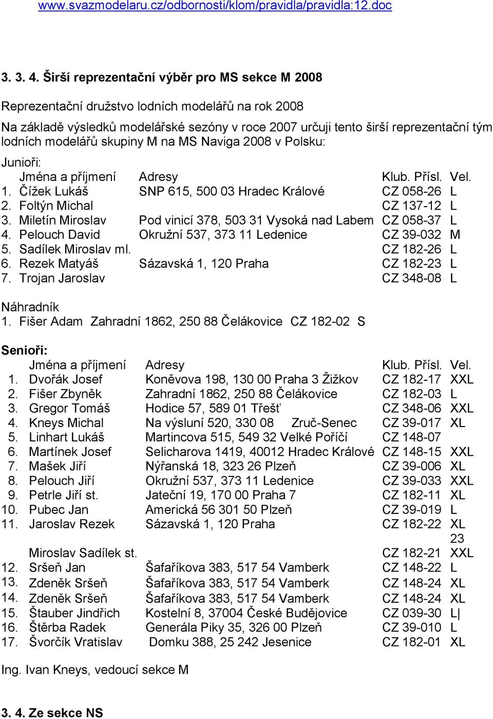 modelářů skupiny M na MS Naviga 2008 v Polsku: Junioři: Jména a příjmení Adresy Klub. Přísl. Vel. 1. Číţek Lukáš SNP 615, 500 03 Hradec Králové CZ 058-26 L 2. Foltýn Michal CZ 137-12 L 3.